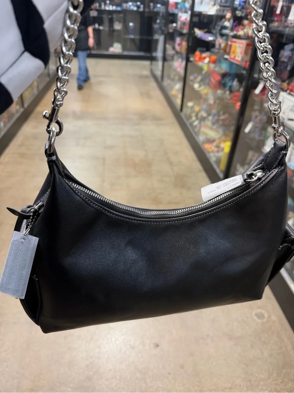 Coach Black Leather Shoulder Bag with Silver Chain Strap